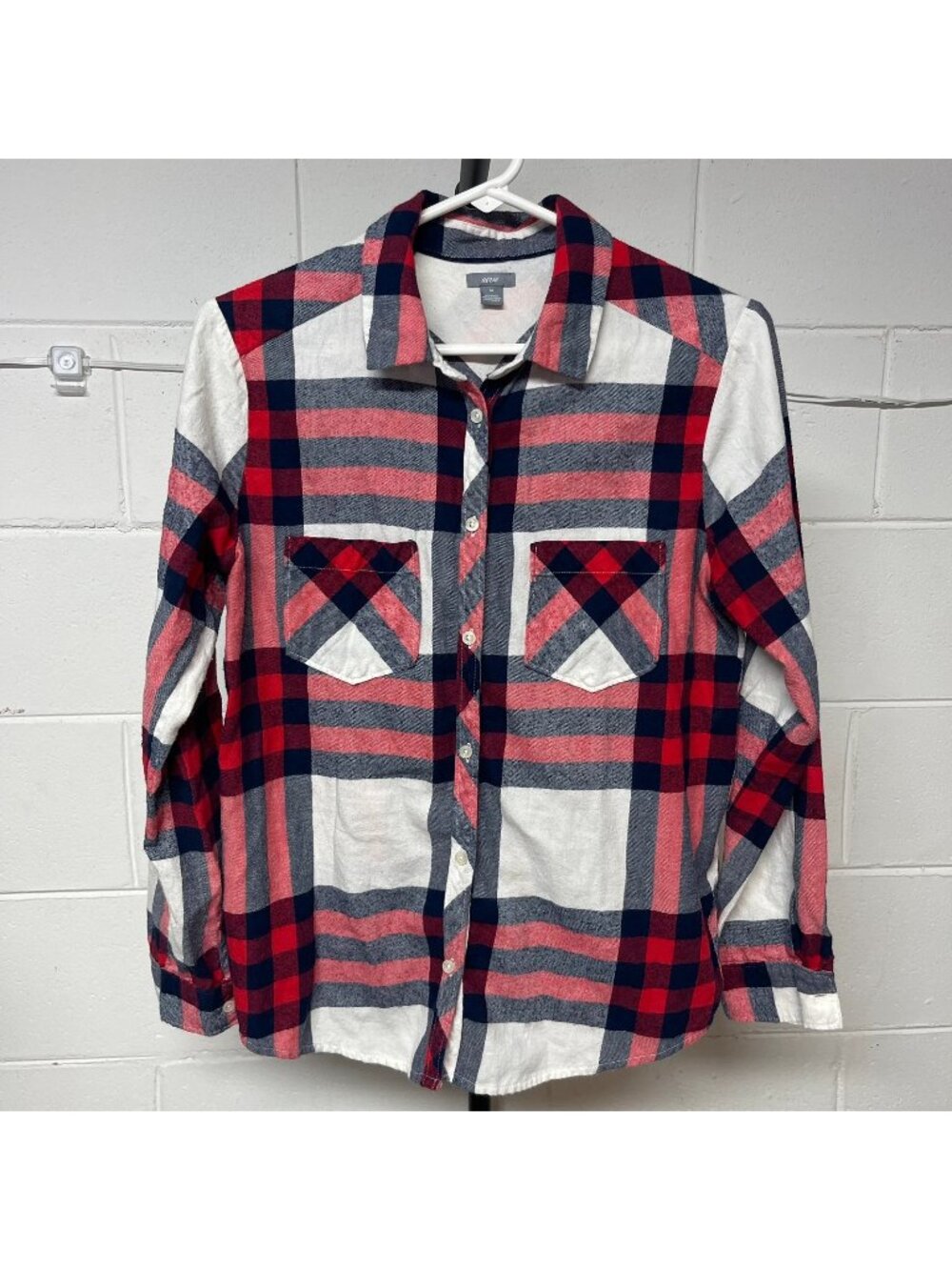 Women's Aerie Plaid Button Front Flannel Shirt Red Blue White Size Medium
